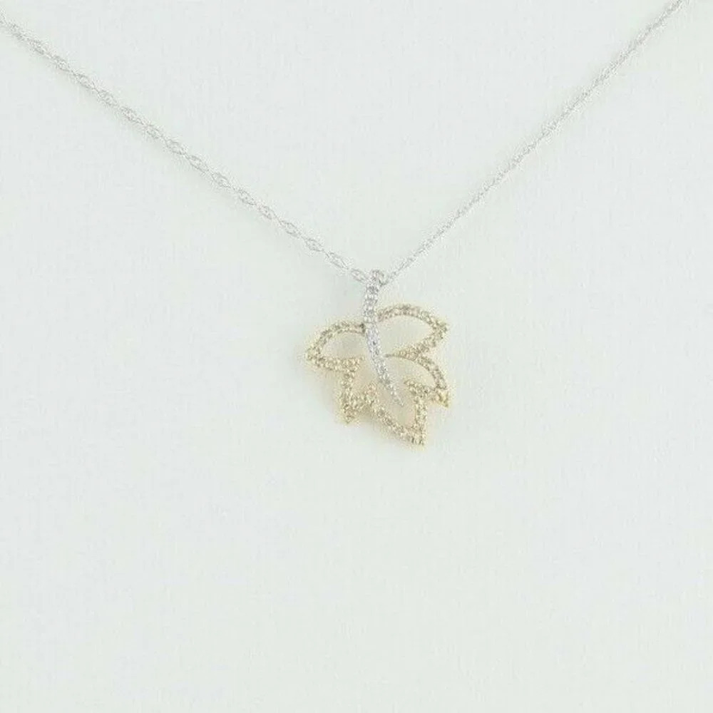 14k White Gold and Yellow Gold Diamond Necklace Leaf Necklace 18 inch chain - Picture 5 of 7